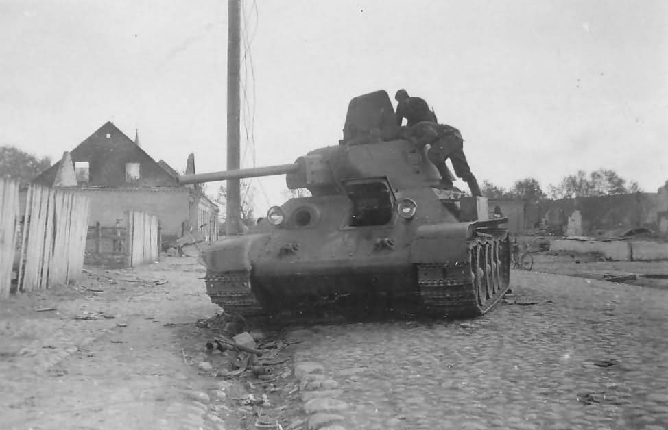Frontal view of the abandoned soviet tank T-34 76 mod 1940