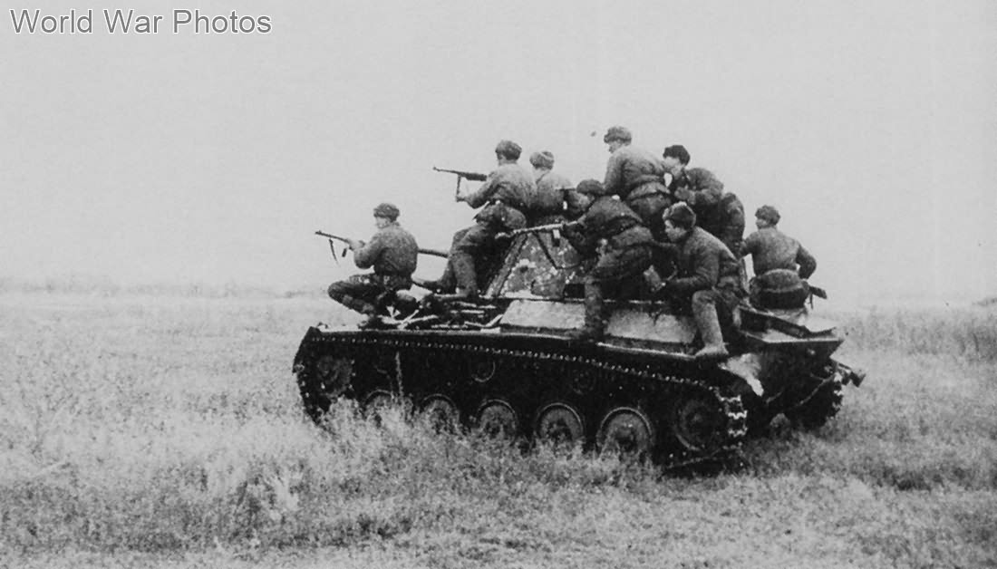 Russian troops riding on the T-70 tank, 1942